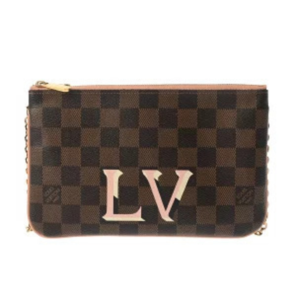 Louis Vuitton Damier Pochette Double Zip Canvas Shoulder Bag Pink Brown